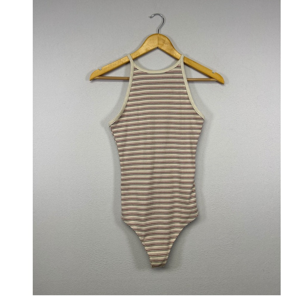 Preppy Abercrombie & Fitch Womens Medium Cream Striped Ribbed Tie Back Bodysuit